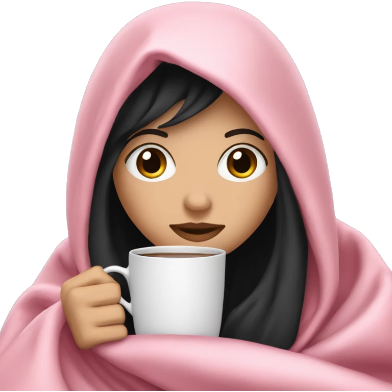 white girl with black straight hair inside a pink blanket sipping coffee eyes closed emoji