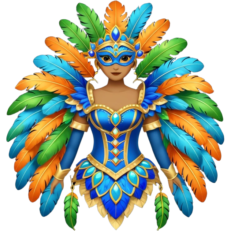carnival mas costume, blue, green and orange preferably, full costume feathers at the back  emoji