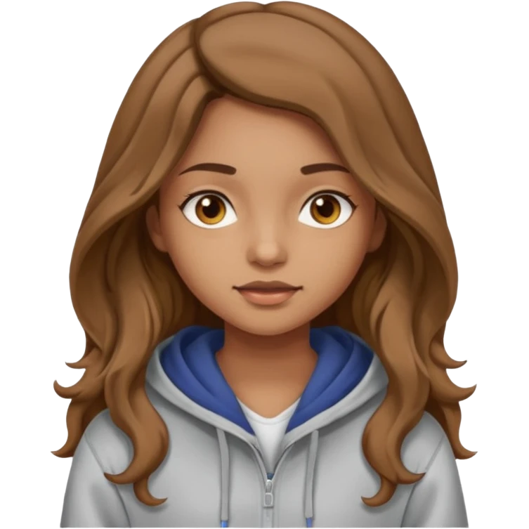 Girl with long and light brown hair and wear hoody and her hai is somethig betwwen curly and stright and her eyes is same color with her hair  emoji