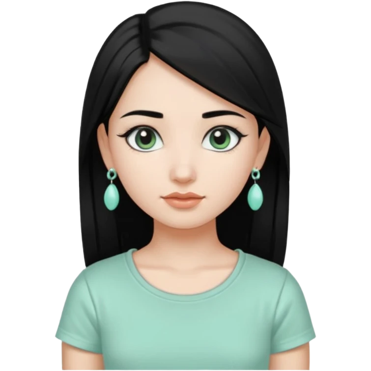 A girl emoji wearing silver jhumka and light mint green colour tshirt with dark black hair emoji