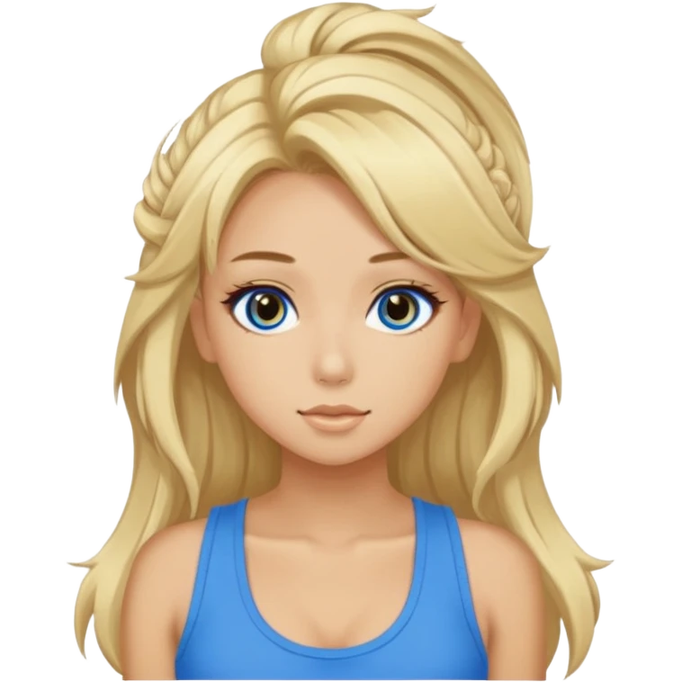 A very tan girl in a blue tank with yamamba gyaru makeup and big blonde hair emoji