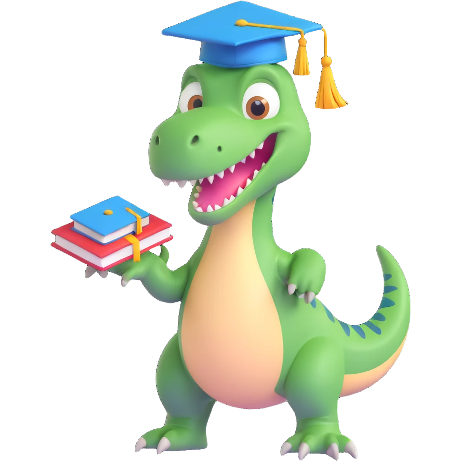 dinosaurio con gorro de grado, estilo 3D divertido emoji