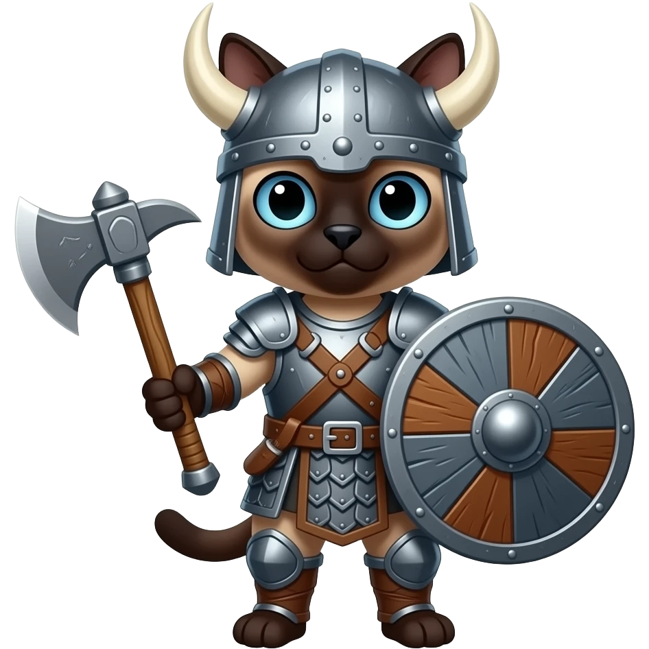 сіамський кіт  в  обладунках вікінга з сокирою та щитом в повний зріст emoji