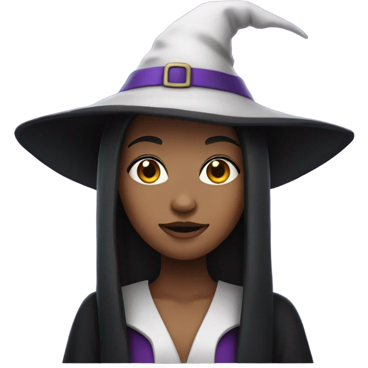 a young white brown thin girl with straight black hair dressed as a witch with purple hat emoji