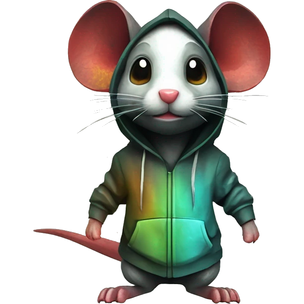 Black red gold green cyan rusty grunge effect scratched patina rat mouse puppy scorpion tail stinger wearing a hoodie 3d render low poly emoji