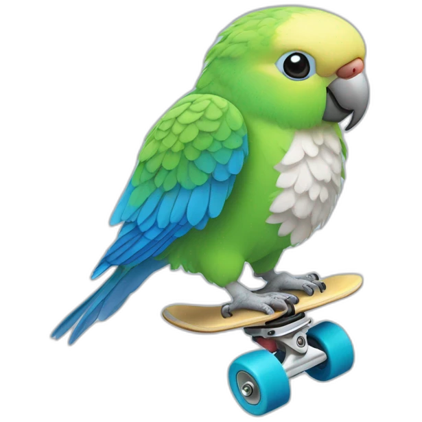 Budgerigar blue and white parrot rides a skateboard emoji