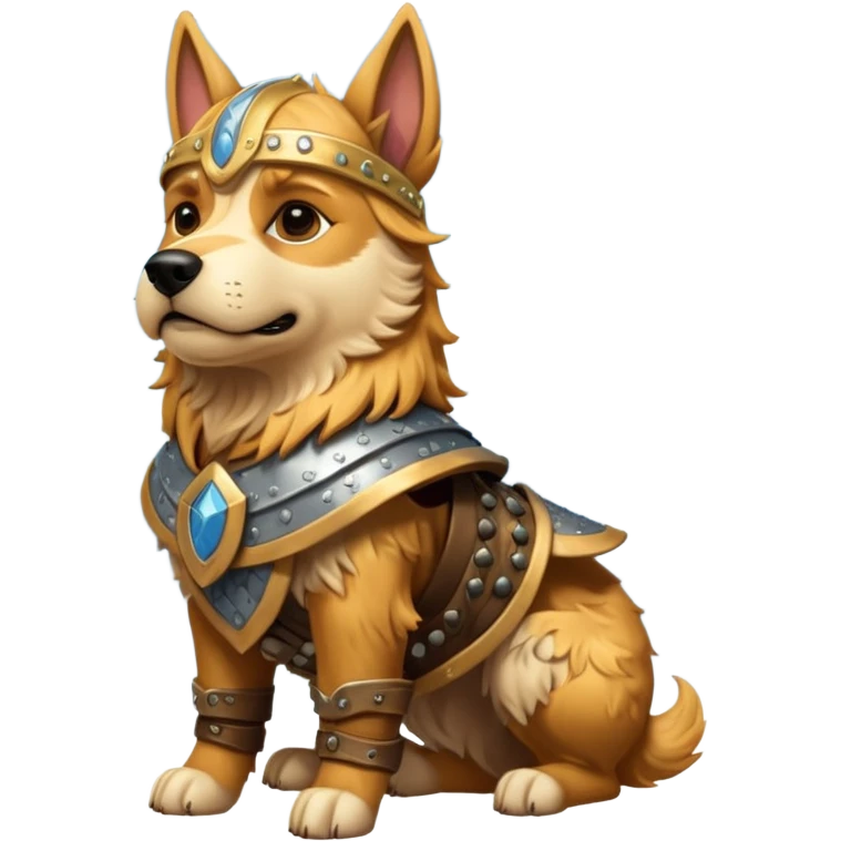 valorous Viking dog in Valhalla, detailed armor, heroic pose, glowing sky emoji