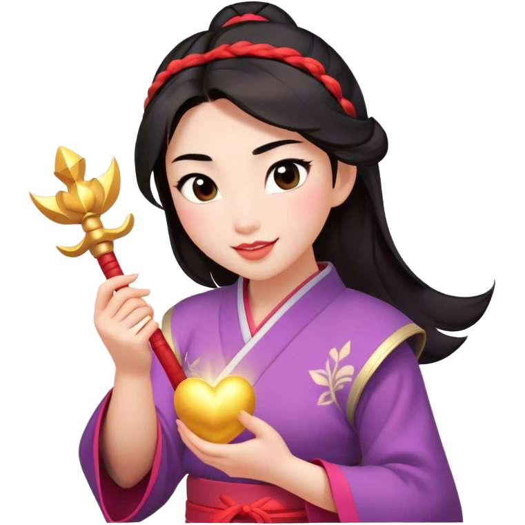 Cinematic Adorable Mulan Portrait Emoji, Playfully holding Cri-Kee in her hands, eyes sparkling with mischief, soft rosy cheeks, a warrior with a heart full of charm, radiant in the morning sunlight, glowing with warmth and joy! emoji