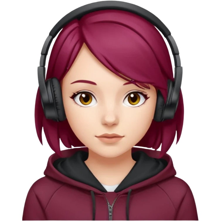 white girl with burgundy hair, deportive hoodie and black headphones emoji