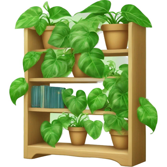 A cute bookshelf with a pothos plants that has heaps of vines of leaves hanging down halfway down the shelf emoji