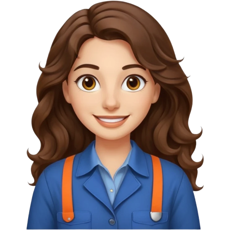 30 yr old italian woman, long brown wavy hair, big brown eyes, huge smile, work clothes, no bangs,  emoji