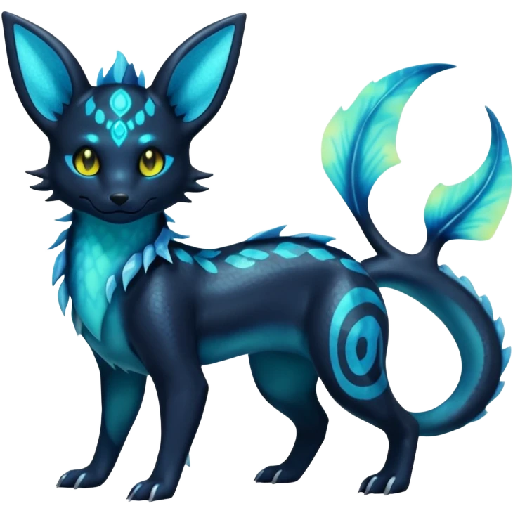 Shiny Aural Iridescent Fluorescent Bioluminescent Umbreon-Amaura-Salandit-Vaporeon-Fakémon-fusion (full body) emoji