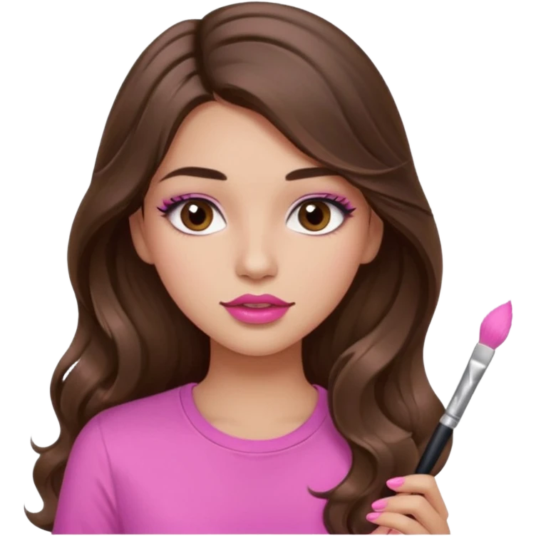 girl with long wavy brown hair, brown eyes, light to medium complexion, in a pink shirt, pink lips, long lashes, puckered lips,  painting long nails emoji