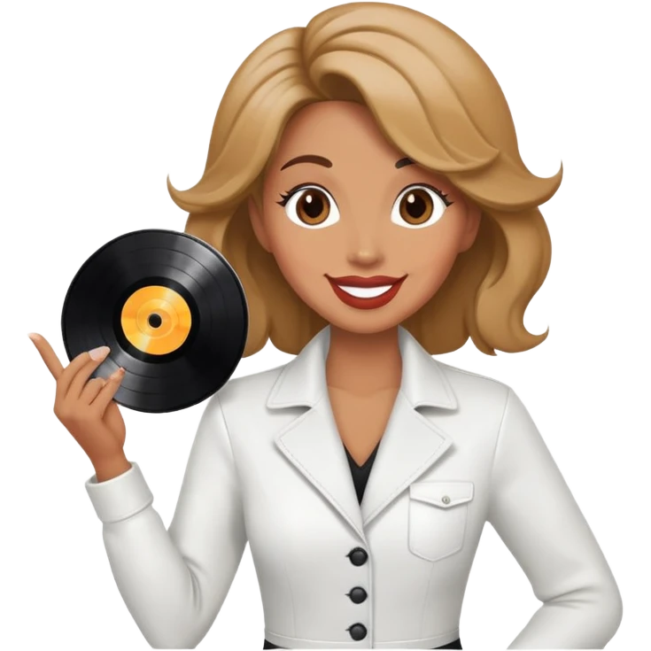 Smiling hair stylist blowing kiss holding vinyl album emoji