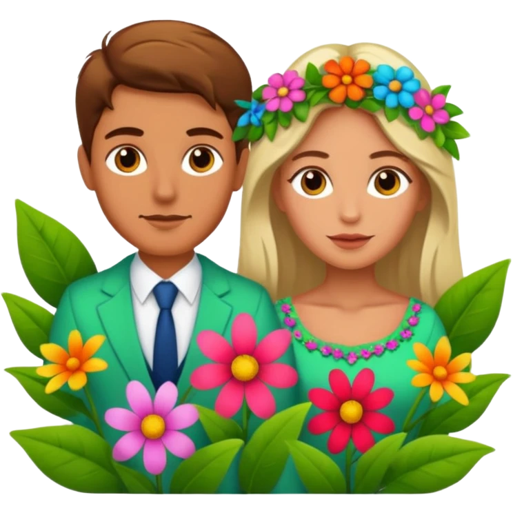 Adam and Eve dressed in clothes made of flowers and plants emoji