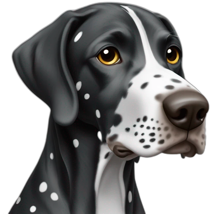 black german shorthair pointer, long snout, full black head, without white on the head, with white hair on the snout, black and white spotted body emoji