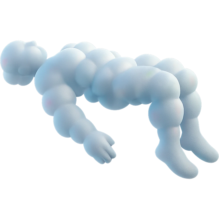 side view of unconscious person flying torso up, legs and arms down, made of small very bright white fluffy convex clouds with rainbow iridescence, matte glass style emoji