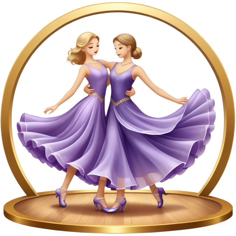 Icon for Ballroom Dance: elegant dance shoes, a flowing ballroom dress, and a dance floor with soft lighting. The icon should capture the grace, elegance, and style of ballroom dancing. Transparent background. emoji