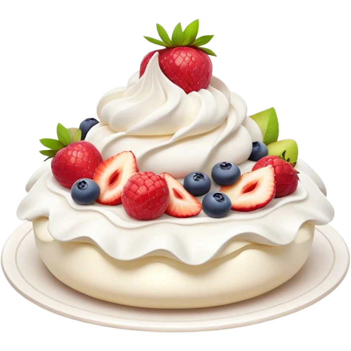 Cinematic Realistic Pavlova Dessert Emoji, showcasing a delicate meringue dessert topped with fresh fruit rendered with lifelike texture and soft natural lighting. emoji