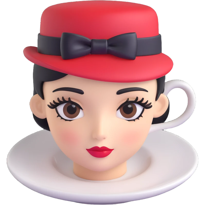 espresso cup with a feminine face, elegant eyelashes, red lips, and a tiny hat emoji