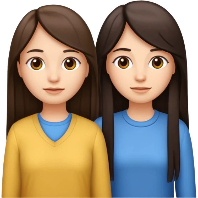 generate me emojis of sisters, one should look older, the other younger. the older one has dark brown hair, long, straight, the younger one is slightly lighter, also straight, long. clothes are any in principle, the main thing is that they more or less look like each other emoji
