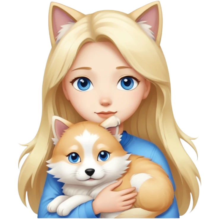 blonde girl blue eyes hugging a white Maine Coon and shiba emoji