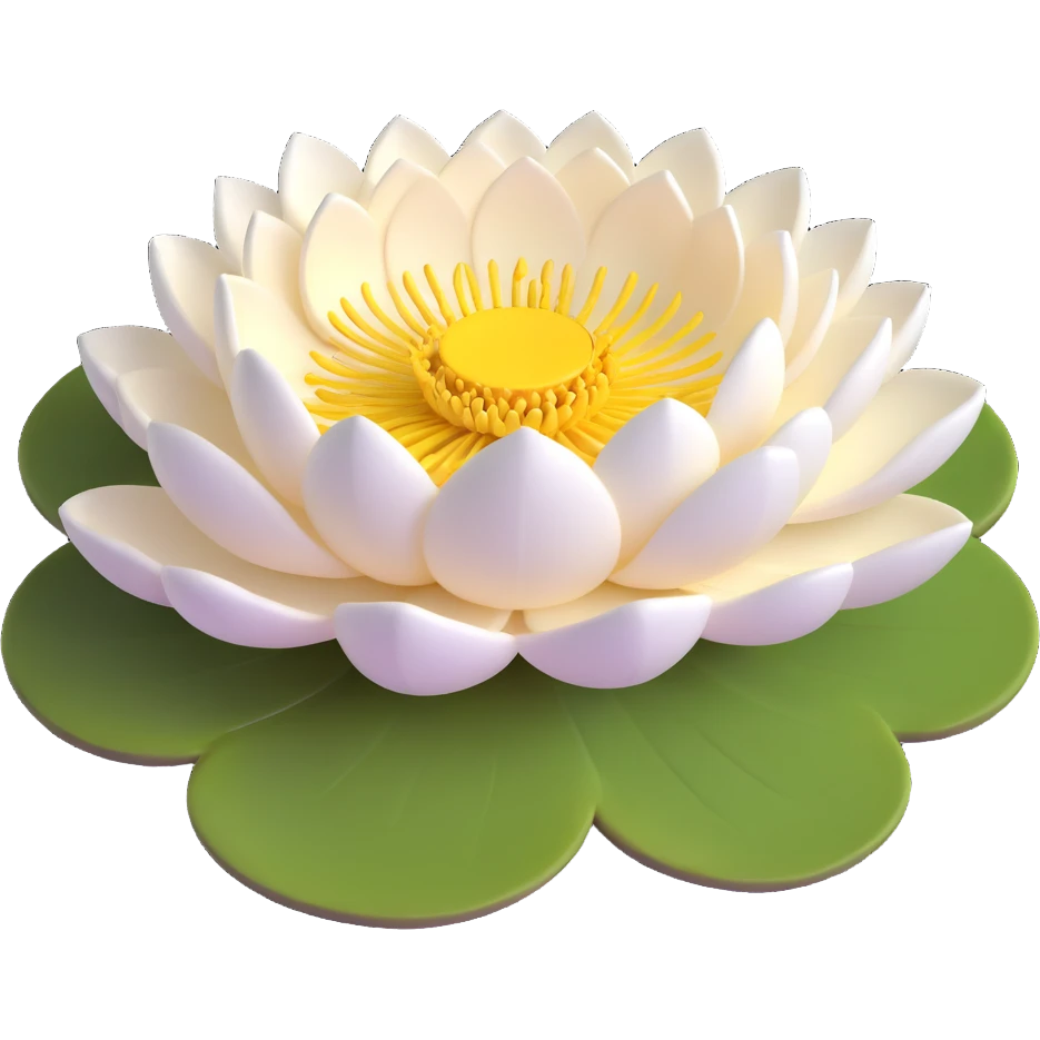 Realistic white lotus flower with detailed layered cream-white petals and bright yellow stamens, floating on accurate lotus pad with characteristic notch and bowl shape emoji