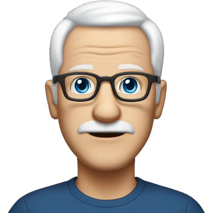 white older man with square glasses, white hair on sides of his head, big ears and expression lines on mouth sides of mouth, tilted head to the side, blue eyes and no beard no mustache emoji