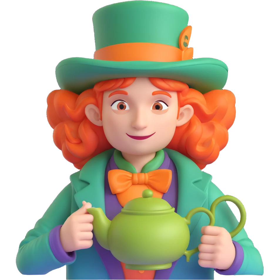 Mad Hatter from Alice in Wonderland, wild orange hair, oversized green hat, holding a teapot, whimsical and energetic style, stylized as an emoji emoji