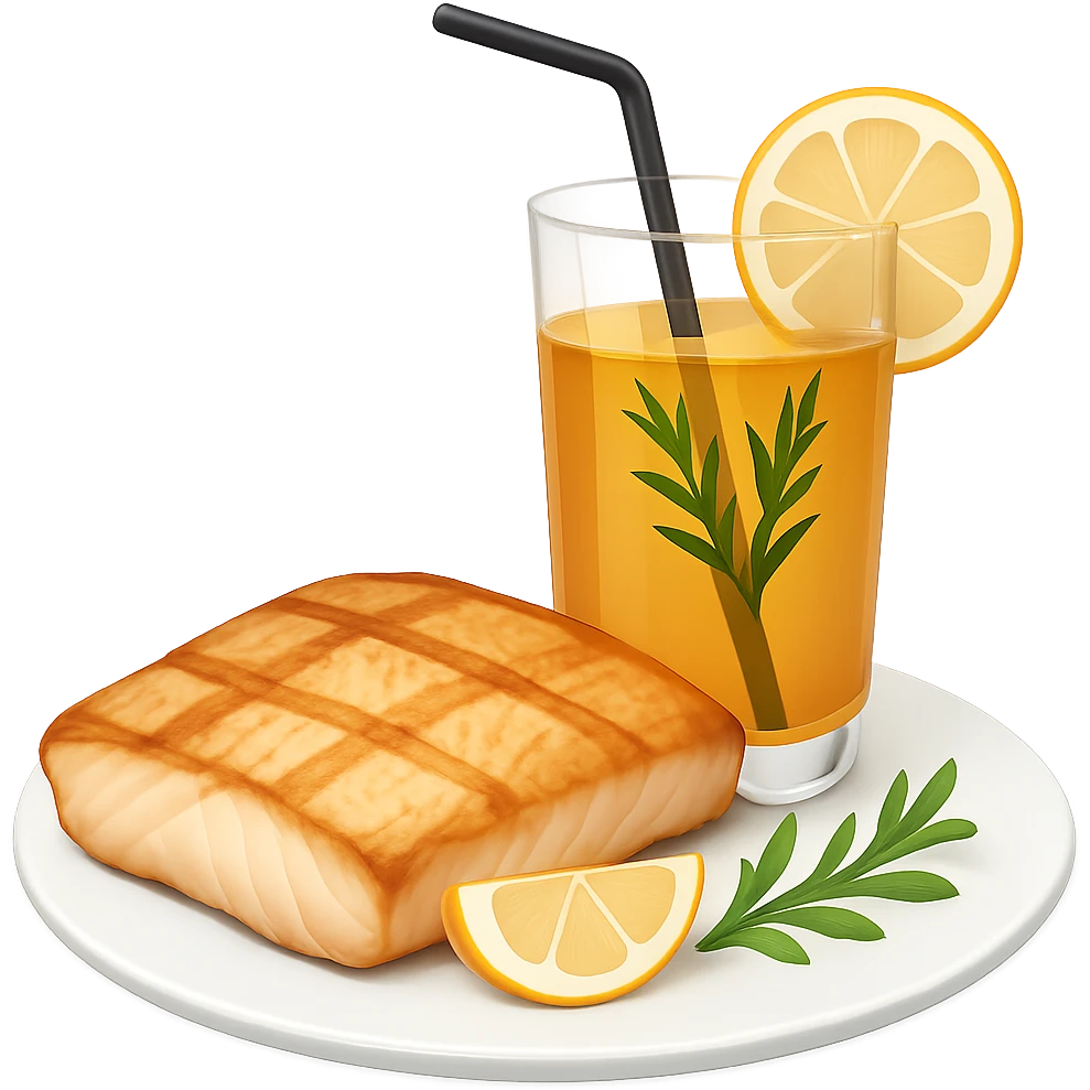 Change the tapa to show just a piece of grilled fish, not the whole fish, served with a drink, in emoji style with transparent background. emoji