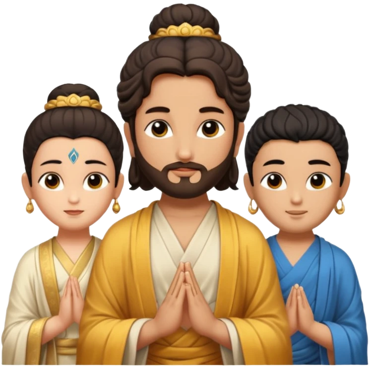 Create a Jesus, Krishna, and Buddha standing together. Buddha: warm golden or light tan skin, dark curled hair with a traditional top bun (ushnisha), half-closed meditative eyes

 emoji