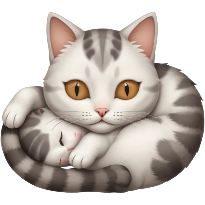 grey and white small cat with eyes closed lying down upside down tightly hugging its own face emoji