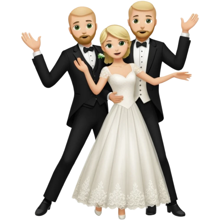 blonde haired green eyed bride and bald beared groom dancing emoji