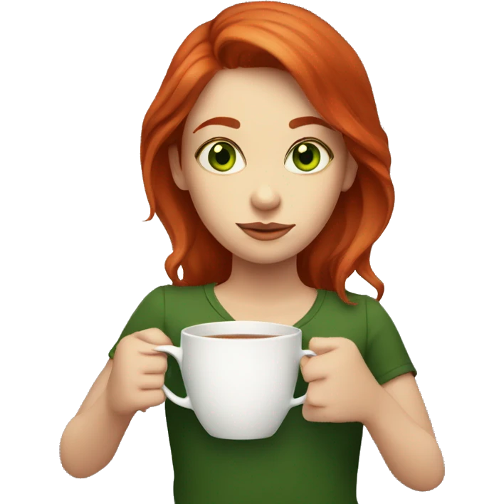 a girl with green eyes and red hair holds a mug of tea emoji
