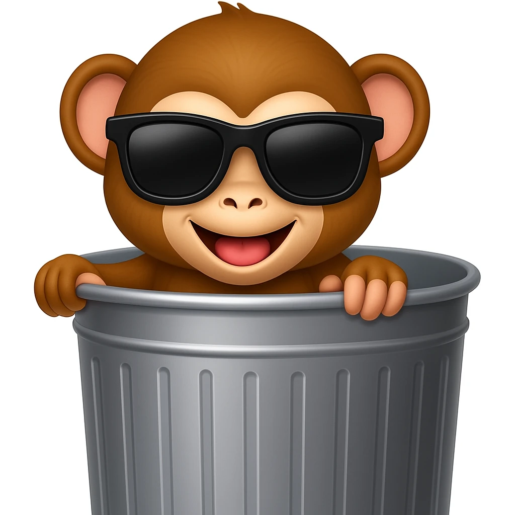 Add cool sunglasses to the silly monkey in the trash can, keeping the playful emoji style look. emoji
