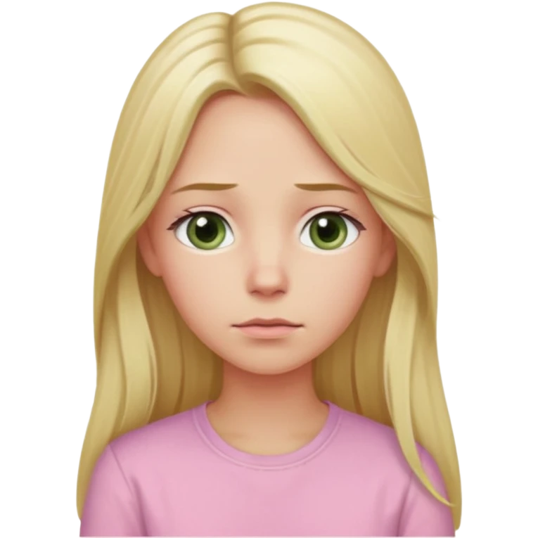 blonde with long hair and swamp-colored eyes, wearing a pastel pink shirt, thoughtful expression, head slightly tilted, iOS Apple emoji style emoji