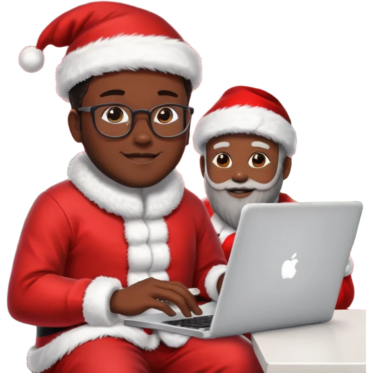 Jeune développeur homme de teint noir, assis devant un ordinateur portable affichant du code, dans une ambiance de week-end festive. À côté de lui se tient le Père Noël, souriant, portant sa tenue traditionnelle rouge et blanche.  emoji