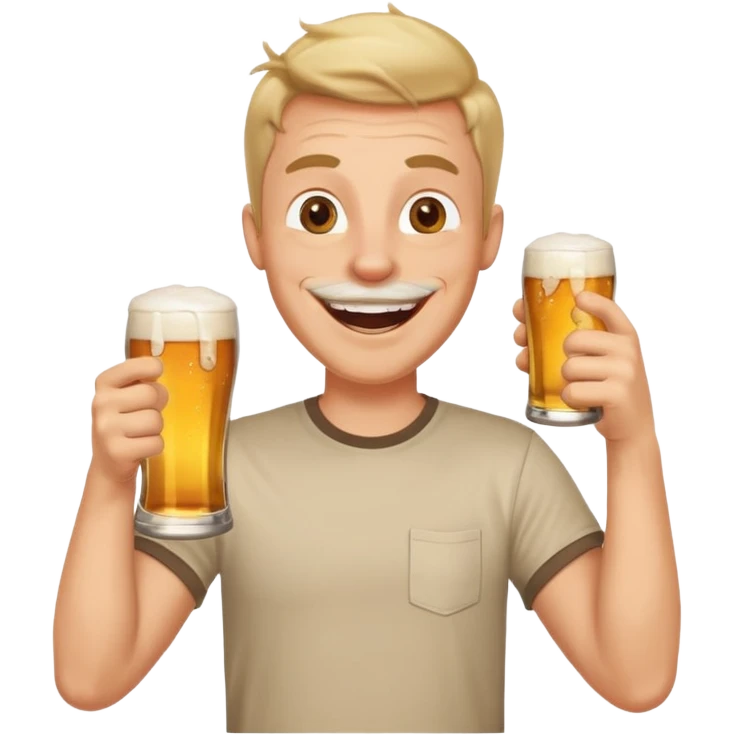 male memoji, cheerful man in t-shirt, holding beer glass, laughing, surrounded by party vibe, friendly goofy look emoji