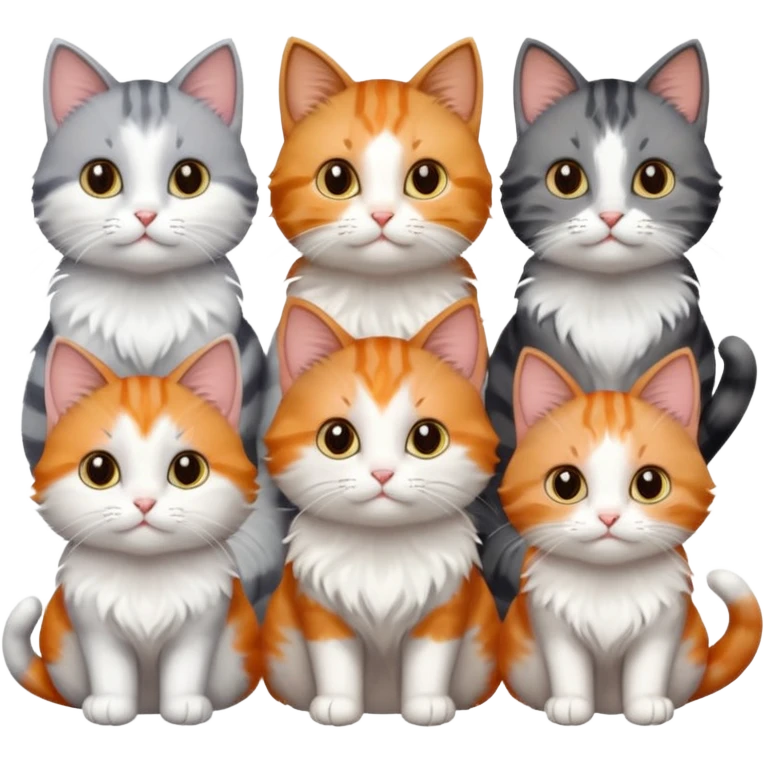 6 cats with different coloured coats, 2 are grey and white, 1 is grey with a little white, 1 calico, 1 brown tabby and white and one ginger and white emoji