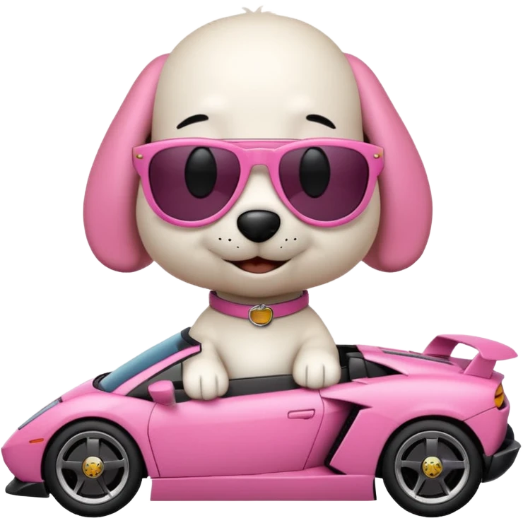 Snoopy in a Lamborghini, the Lamborghini is sideways and Snoopy isn't big, the Lamborghini is pink emoji