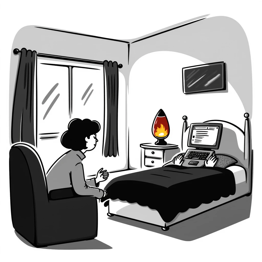 A bedroom lit by a lava lamp and an open laptop running early 2000s MSN Messenger

 emoji