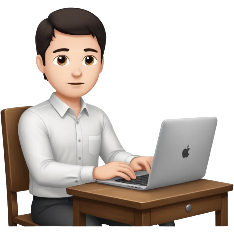 Rich man working setting on a chair in shirt, dark hair, and near the desk with laptop he is german very beautiful looks like emoji