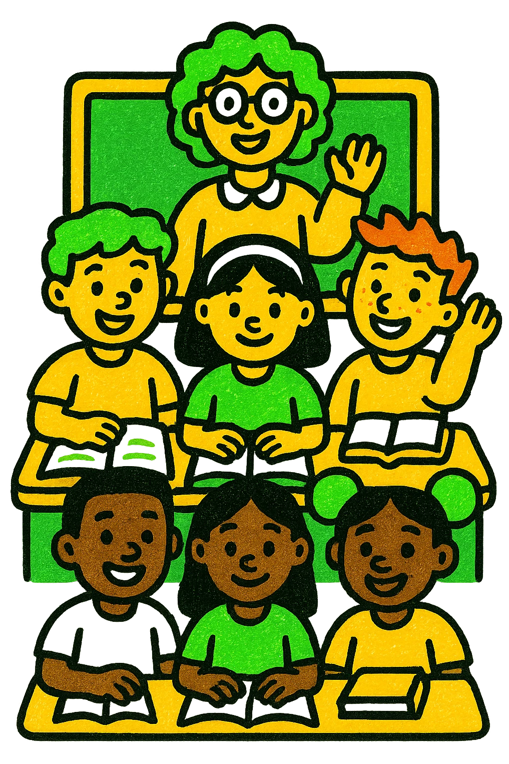 multicultural class of students, modern look, green gold and white color scheme, rounded shapes, simple design emoji