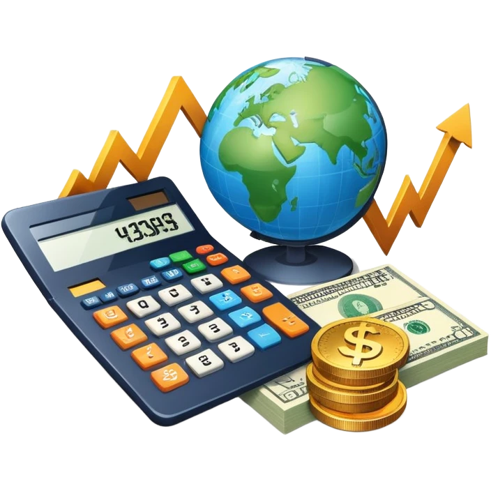 An icon featuring a calculator, a dollar sign, and a chart with upward trends, symbolizing economics. The design includes coins, bills, and a globe, representing global trade and financial systems. Transparent background highlights the study of markets, supply, and demand. emoji