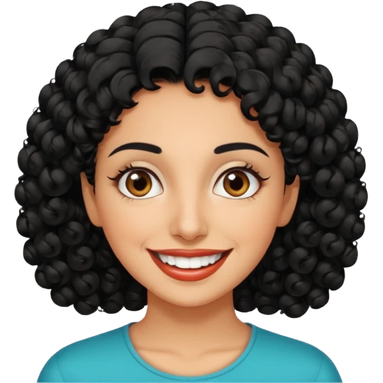 30 year old iranian woman very short curly black hair, big brown eyes, tanned skin, big smile, white teeth, pretty emoji