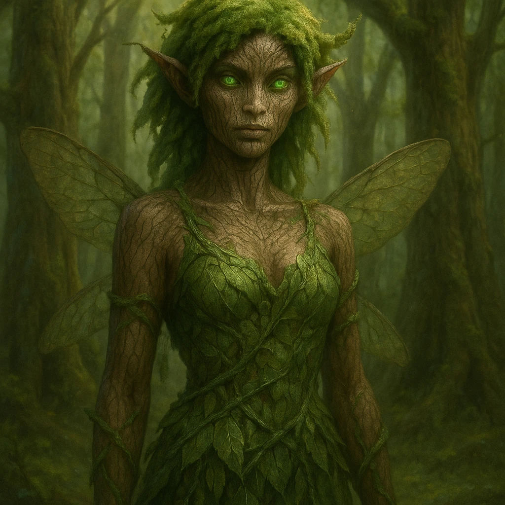 forest guardian fairy with bark-textured skin, mossy hair, and glowing green eyes, mystical nature-inspired style emoji