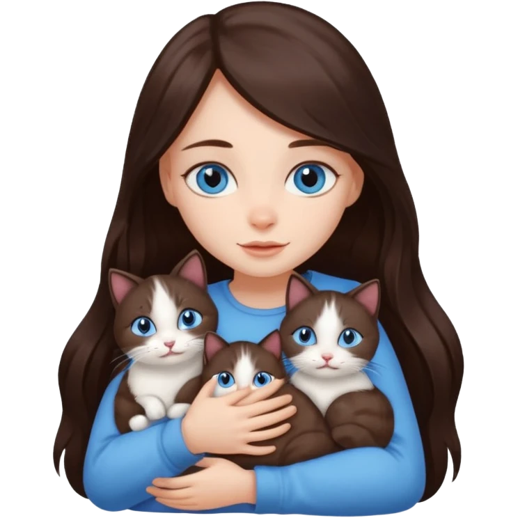 a pretty girl with long dark 
brown hair, with blue eyes, hugs 3 different natural coloured small cats emoji