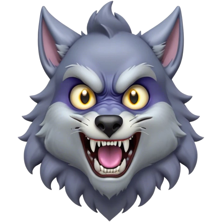 Cinematic Comical Werewolf Portrait Emoji, with a whimsically exaggerated lupine face in vivid moonlit grays and silvers, head cocked in a dramatically shocked expression with comically oversized, wide eyes and a playful snarl, simplified yet hilariously expressive, highly detailed with a soft cartoonish glowing outline capturing the mischievous humor of a werewolf mid-transformation! emoji