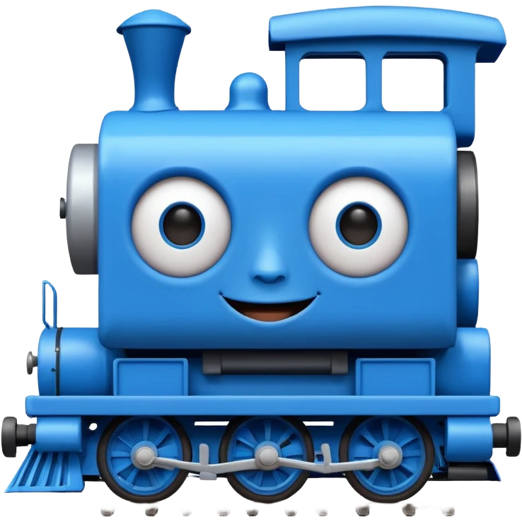 An square blue train with a human face at the front emoji