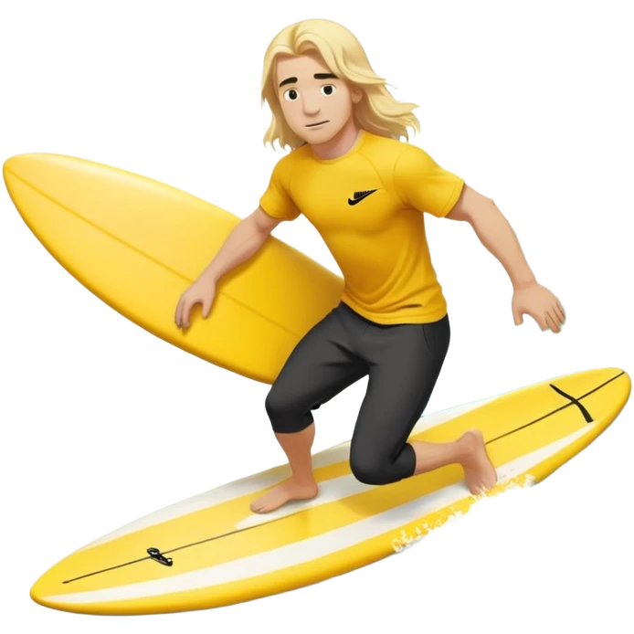Man surfing on a yellow white board with long blond hair, yellow t-shirt with black Nike logo in center of chest, black baggy sweatpants. emoji